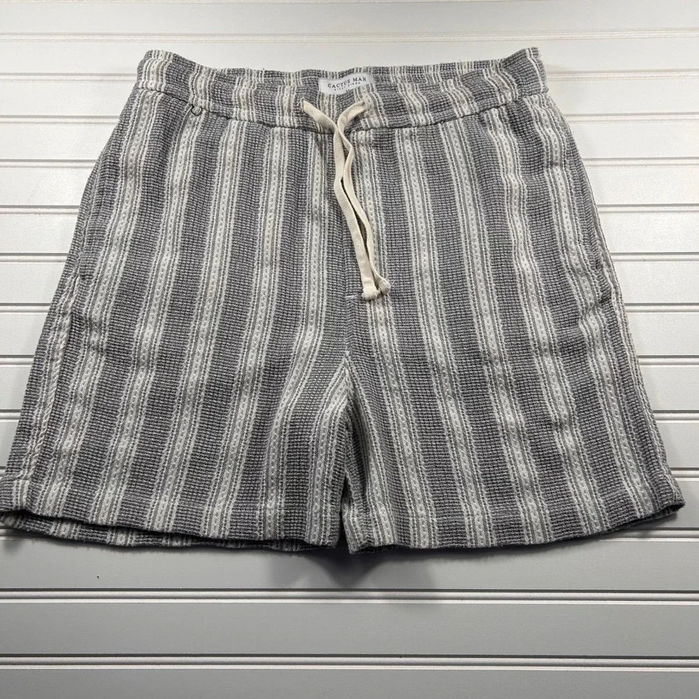 Cactus Man Ricky Singh Textured Drawstring Shorts Mens L Gray Cream Striped